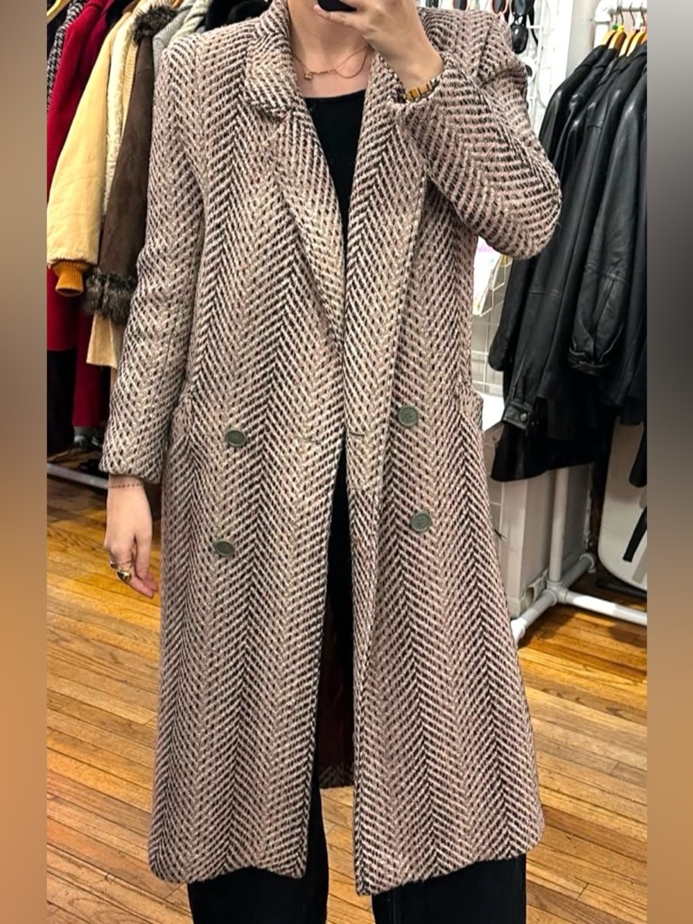 Women's Long pure virgin wool Herringbone Pea Coat